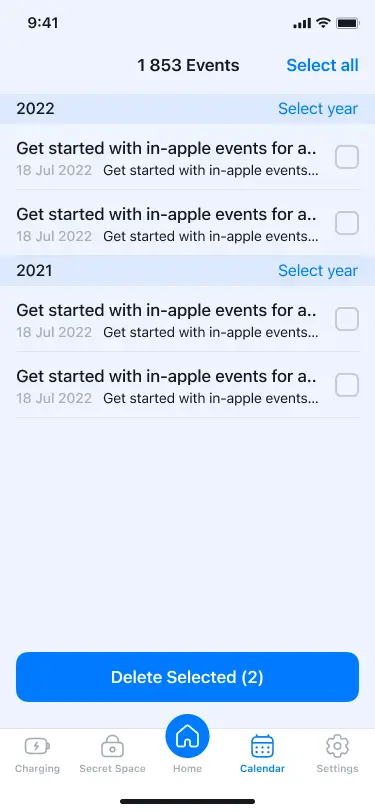 App activity events management screen